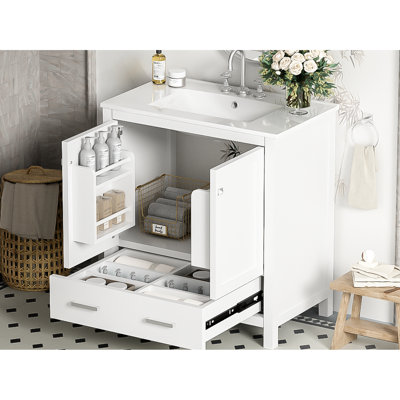 Armoire de rangement de salle de bain blanche de 30 po, meuble-lavabo simple, structure en bois massif, 2 portes et 1 tiroir, fermeture en douceur pour une atmosphère sereine