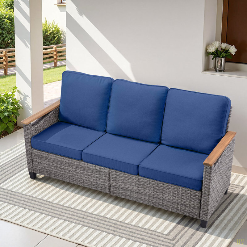 69.7" Wide Outdoor Wicker Patio Sofa, Deep Seating Outdoor Couch With Cushions For Porch Garden, Navy