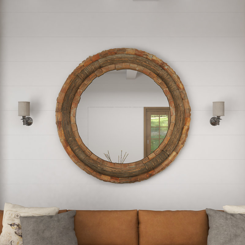 Wood Large Room Wall Mirror with Layered Wood Chip and Stick Design