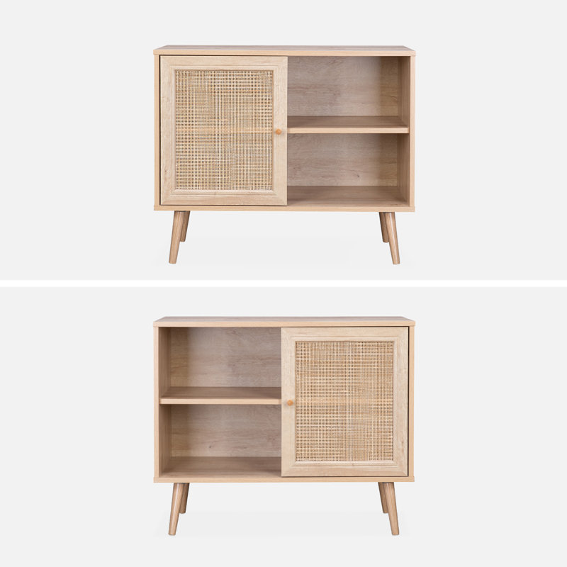 Scandi-style wood and cane rattan storage cabinet, Brown