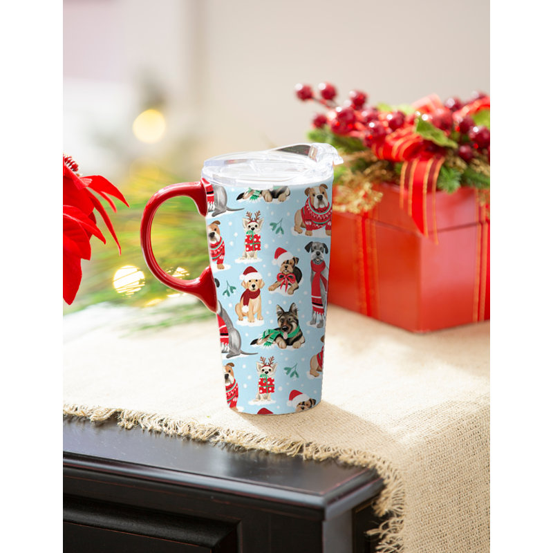 Tasse de voyage en céramique, 17 oz. , Avec boîte, chiens d'hiver avec écharpes