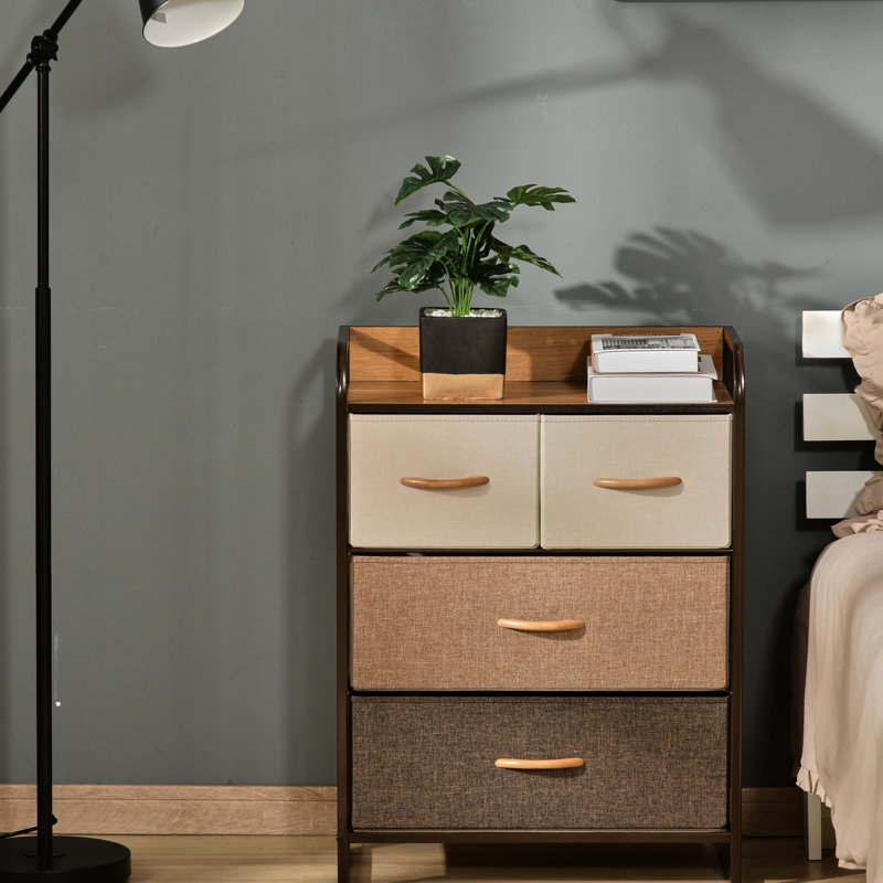 4 tiroirs en tissu et structure en acier pour le vestibule, 3 organisateurs de rangement avec plateau en bois scintillant et érable