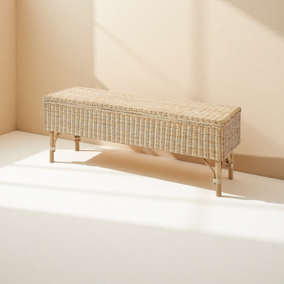 Rectangular Handmade Natural Rattan Wooden Storage Ottoman