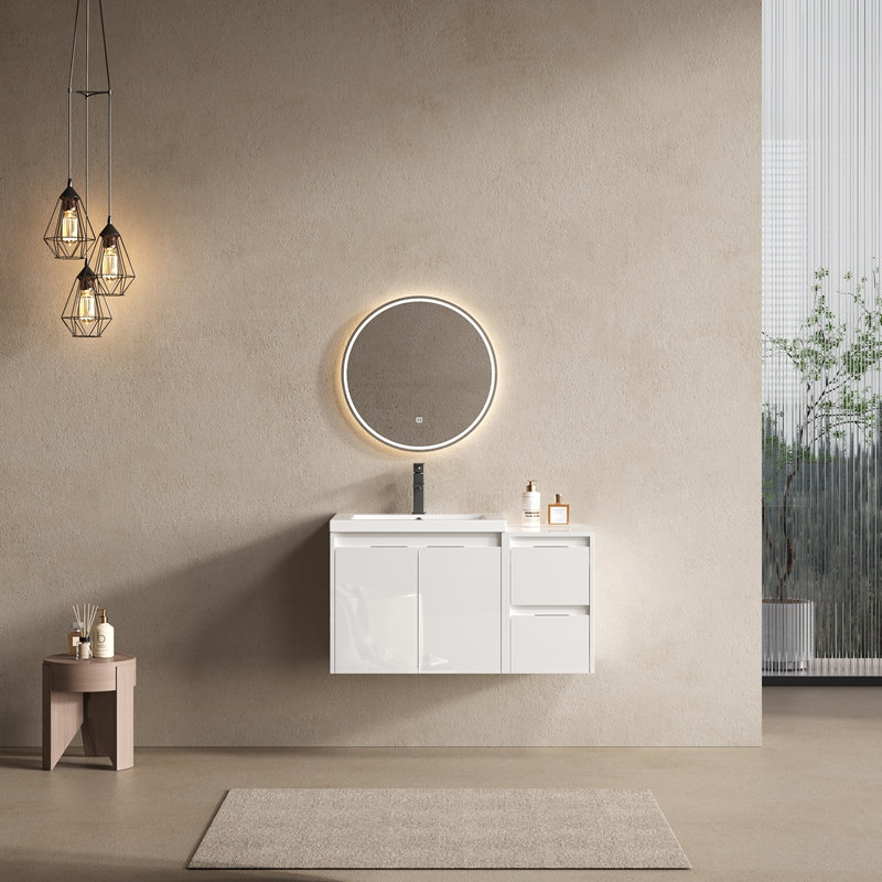 Meuble-lavabo 36 po avec lavabo en résine, 2 portes à fermeture douce et 1 armoire latérale, conception à fixation flottante, blanc brillant, contreplaqué