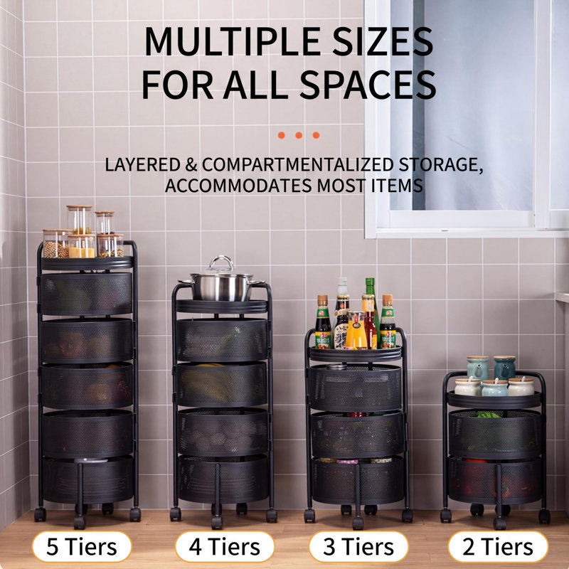 6-Tier Rotating Kitchen Storage Cart with Lockable Wheels, Round Metal Mesh Fruit Vegetable Basket Organizer, Multi-Layer Rolling Produce Storage Rack for Pantry Kitchen