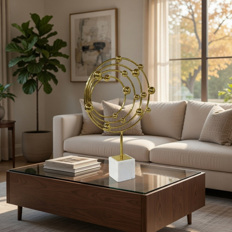 Sculpture en forme de galaxie céleste Lymi, base en marbre blanc, acier doré 21 pouces, H 21,3 po x l 3,5 po x P 13 po