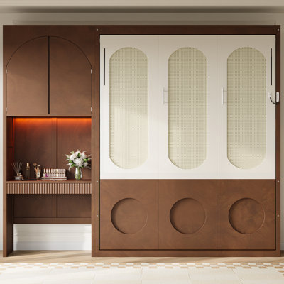 Queen Murphy Bed with Side Storage Cabinet, LED, Built-In Desk & Drawers, Walnut+Beige