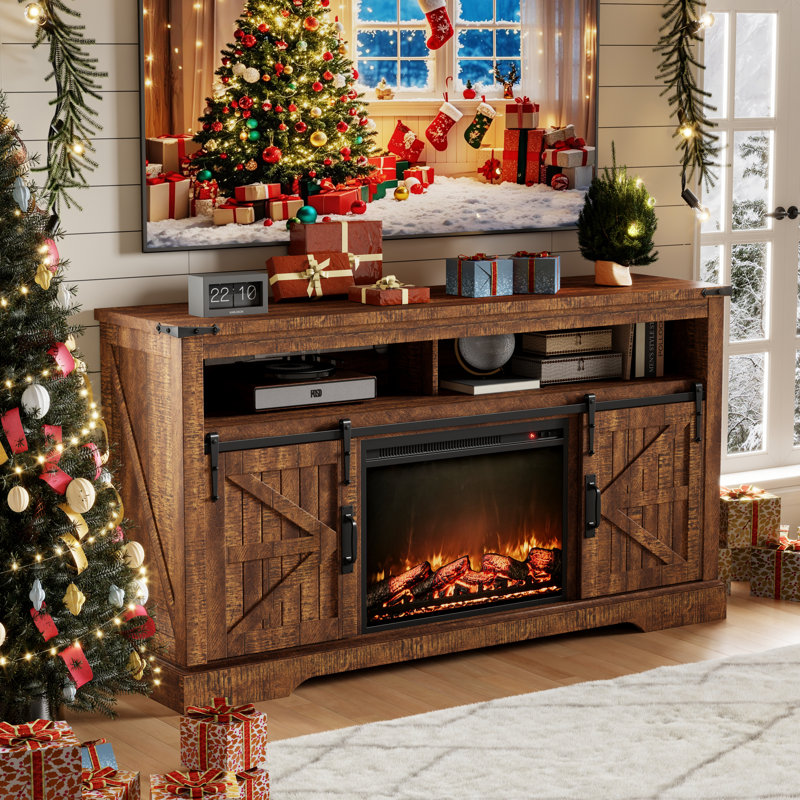 Farmhouse Fireplace Tv Stand For Tvs Up To 70'', Wood Entertainment Center With Electric Fireplace & Timer, Brown