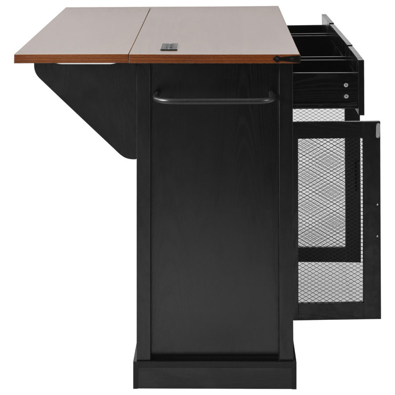 58" Farmhouse Kitchen Island With Storage, Sliding Barn Door & Metal Grid Side Door, Rolling Kitchen Island On 5 Wheels With Spice Rack, Glass Holders,Island Table With Drop Leaf For Kitchen