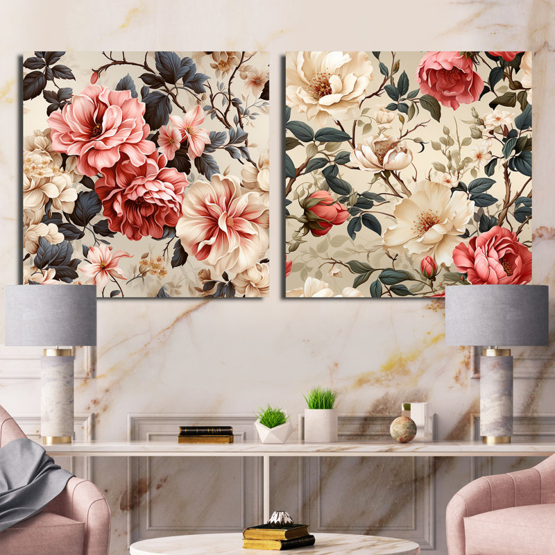 Zella - Ensemble de 2 collages floraux carrés, H 30 po x l 61 po, Toile tendue