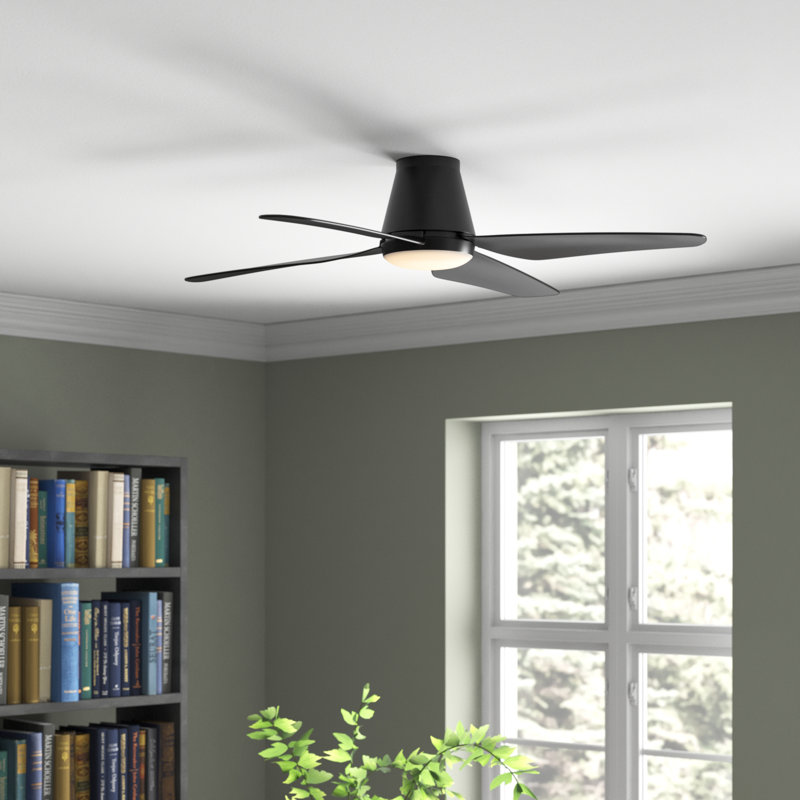 Ventilateur de plafond encastré de 132 cm (52 ​​po) pour intérieur/extérieur avec éclairage et télécommande, résistant à l'humidité, profil bas, noir, DEL, pour plafonds bas.