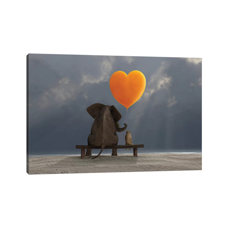 Elephant And Dog Holding A Heart Shaped Balloon by Mike Kiev - Wrapped Canvas Print, 101.6 cm H x 66.04 cm W x 3.175 cm D