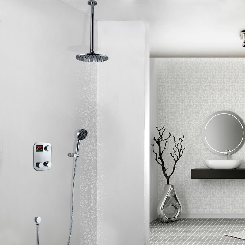 Juno 12"Digital Display Ceiling Mount Brass Chrome Round Shower Head Set with Handheld Shower Head