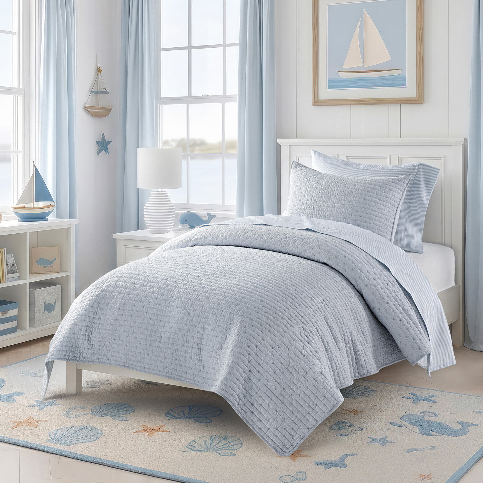 Cotton Quilt Set, Twin + 1 Sham, Powder Blue