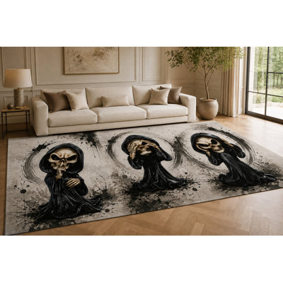 Tapis « Trio de la Faucheuse » ultra-léger de grande taille (200 cm x 300 cm) pour salon, chambre et bureau, moquette douce à poils courts avec envers antidérapant en silicone, noir et beige