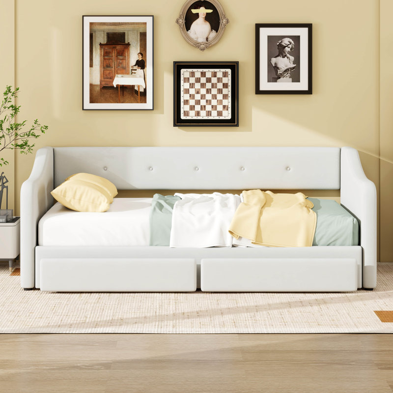 Twin Daybed With Two Storage Drawers, Modern Button Tufted Linen Day Bed With Trundle Bed Twin To King, Beige