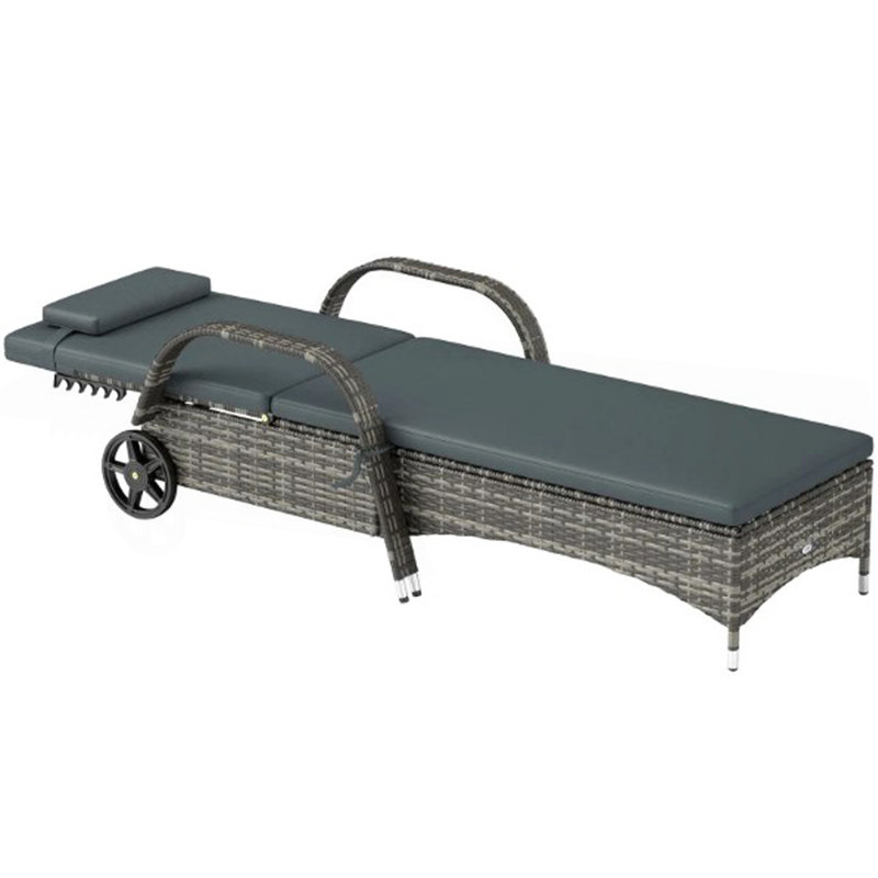 Adjustable Backrest Rattan Pool Lounge Chair,Outdoor Chaise Lounge With Wheels, Cushion & Headrest