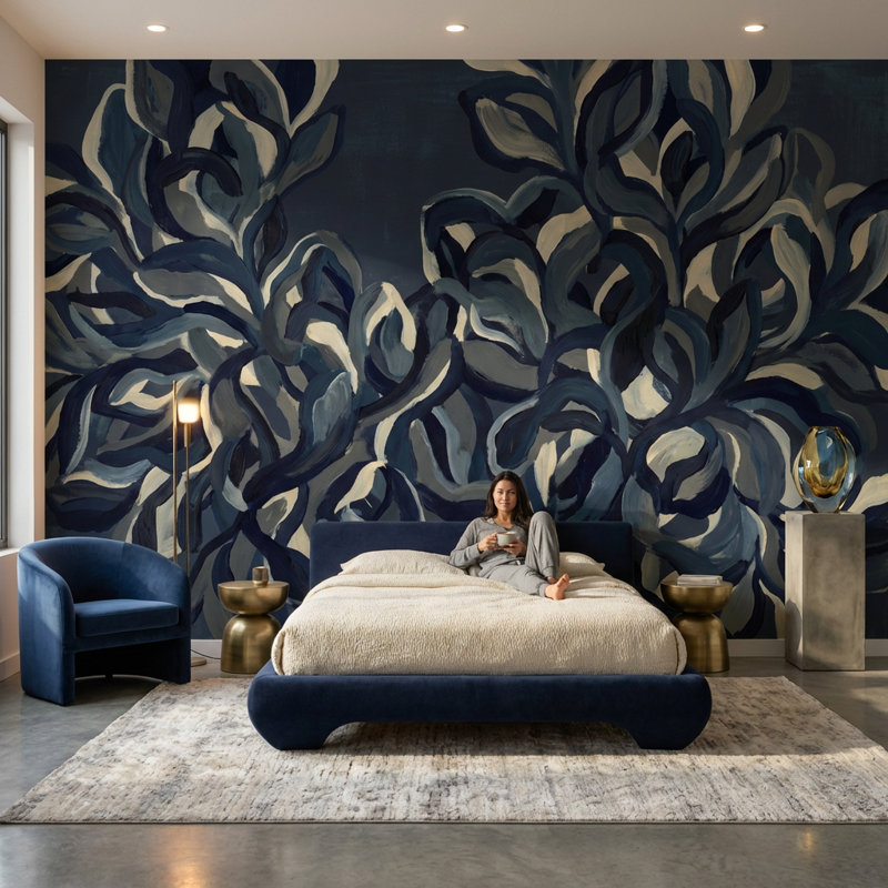 Papier peint abstrait floral bleu marine, 120 po x 96 po, Non tissé