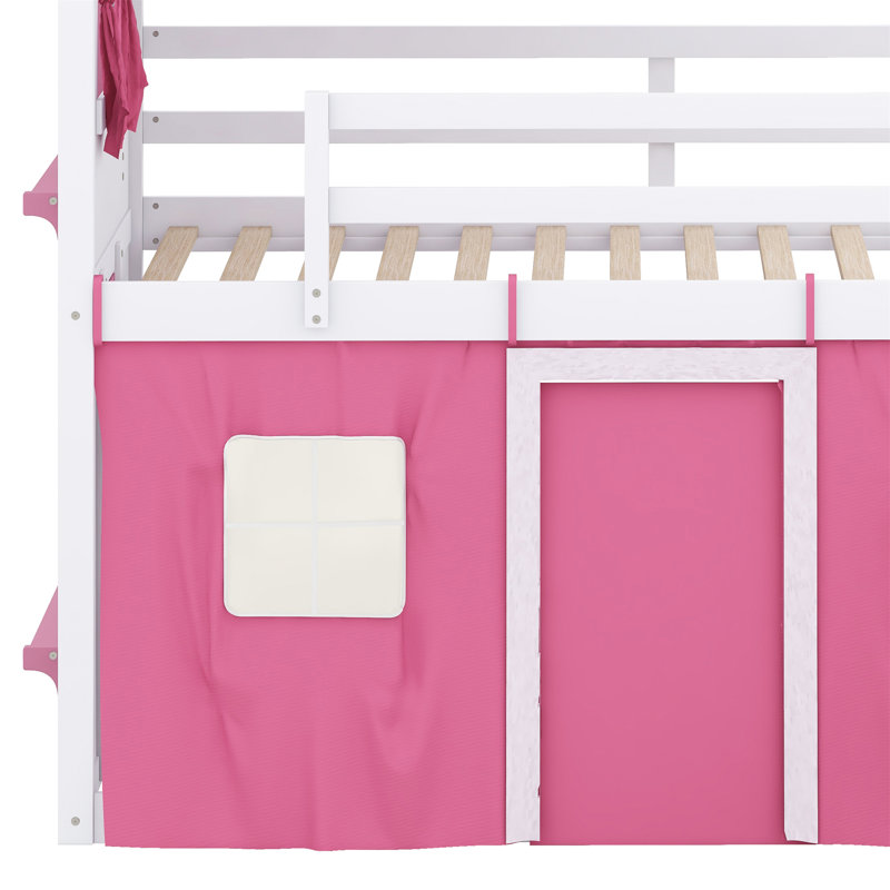 Kobart Bunk Wood House Bed with Elegant Windows, Sills and Tent, Twin, Pink/White