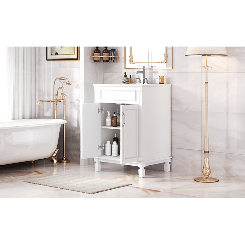 Meuble-lavabo 24 po avec lavabo supérieur, armoire de rangement moderne avec 2 portes à fermeture douce et tablette réglable, structure en bois massif