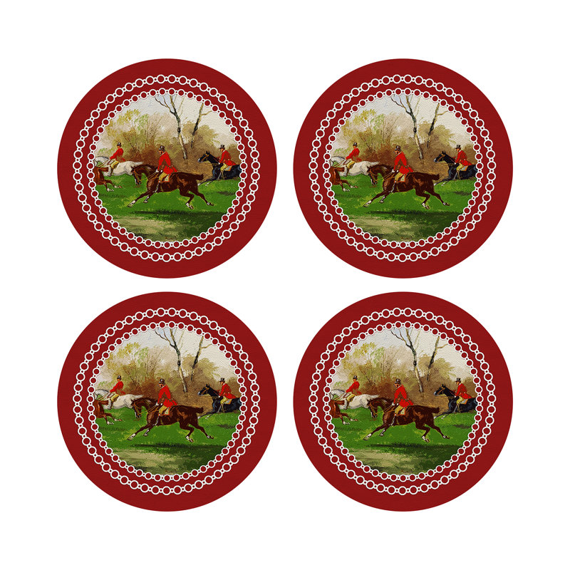 English Hunting Black Vegan Leather Round Coasters, Red