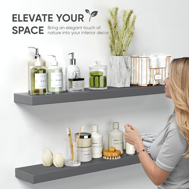 Floating Shelves For Wall, Premium Solid Wood Shelf With Heavy Duty Bracket, Set Of 2, Modern And Elegant Design For Bathroom, Living Room, Or Office