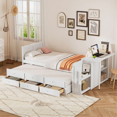 Twin Size Multifunctional Wood Platform Bed With Desk And Storage Shelf At The End Of The Bed, Built-In Trundle And 3 Drawers