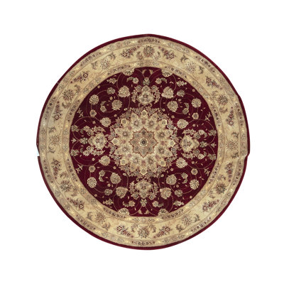 Tapis rond rouge et beige noué à la main de haute qualité