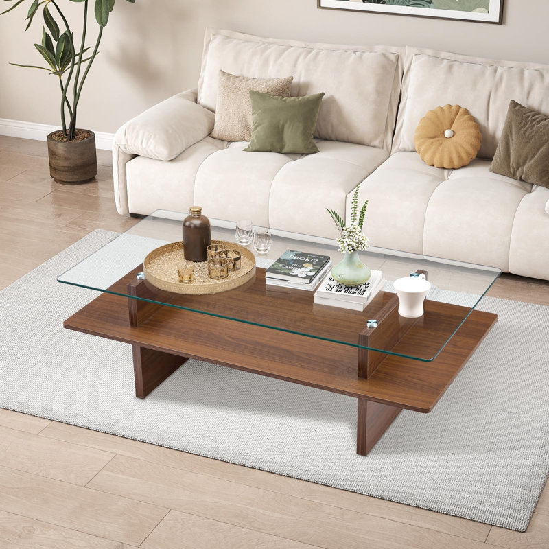 Table basse à deux niveaux avec plateau en verre trempé et tablette en bois de noyer, centre de table de salon moderne, Noyer