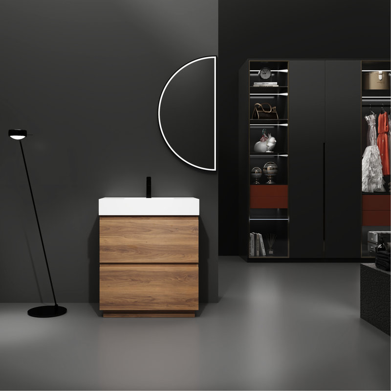Meuble-lavabo de 30 po avec lavabo simple. Meuble-lavabo sous-comptoir moderne à deux tiroirs. Autoportant, bois d'ingénierie, brun. Luminaire autoportant contemporain à 2 éléments resplendissants