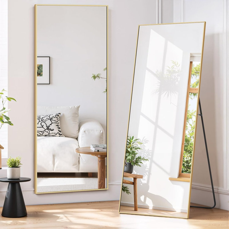 Full Length Mirror, Floor Mirror Standing Hanging Or Leaning Against Wall, Suitable For Bedroom, 58" x 19", Gold