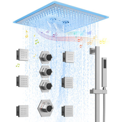 LED Thermostatic Shower Faucet 16" High-Pressure Shower Head with Bluetooth Music