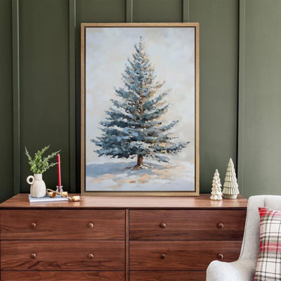 «Christmas Tree Snowy Winter Pine Tree Antique Blue Holiday Decor», reproduction d'art sur toile encadrée