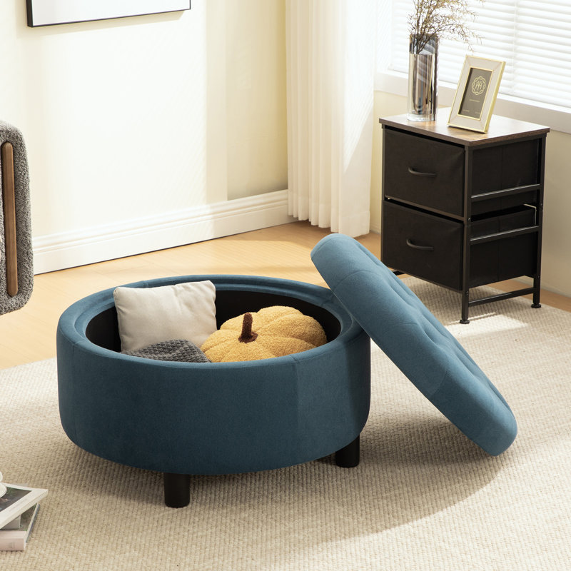 Repose-pieds rond 29,3 po, avec repose-pieds de rangement rembourré moderne, Bleu