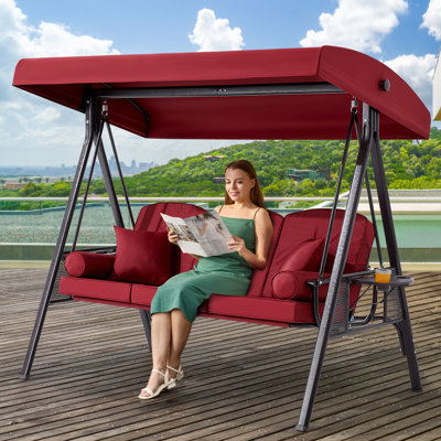 Arlmont & Co. 3-Seat Patio Porch Swing With Adjustable Canopy - Outdoor Swing Featuring Three-Position Backrest, Large Convertible 3-In-1 Swing Bed, Thickened Cushions, Pillows, And Cup Holders - Ideal For Porch, Backyard, Garden
