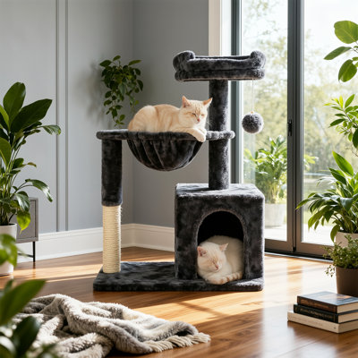 29.5" Plush Cat Tree With Condo, Scratching Post, Hammock & Dangling Ball Toy