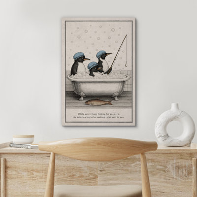 Art mural pingouin avec parapluie, reproduction d'art amusante pour salle de bain moderne ou décoration originale