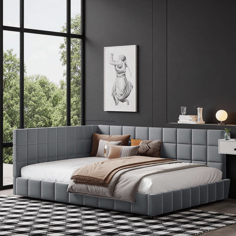 Structure de canapé-lit double en velours pleine grandeur de style moderne Mid-Century beige, Gris