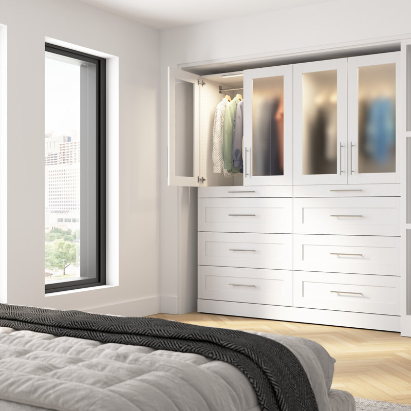 Système d'organisation modulaire avec garde-robe 71 po x 25 po Florence avec lumières DEL, tablettes, tiroirs et portes, style Shaker