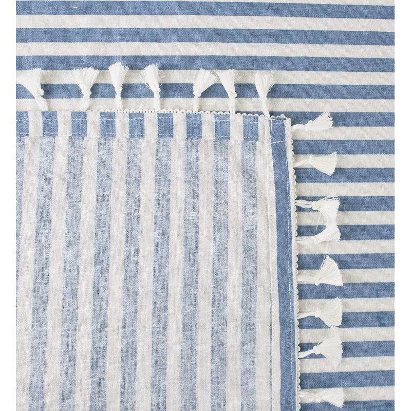 French Blue White Modern Striped Tasseled Cotton Blend 55 X 55 Inch Tablecloth, French Blue, 80" x 55"