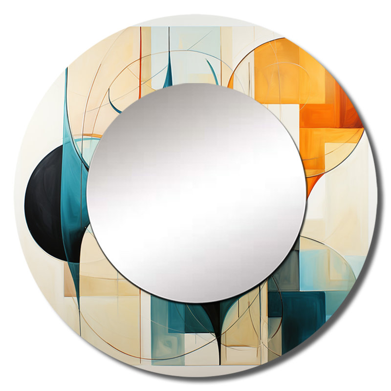 Orange orange Mid Century Harmony In Geometrie I - décor de miroir mural moderne unique Mid-Century, grand miroir rond orange, impression d'art en métal