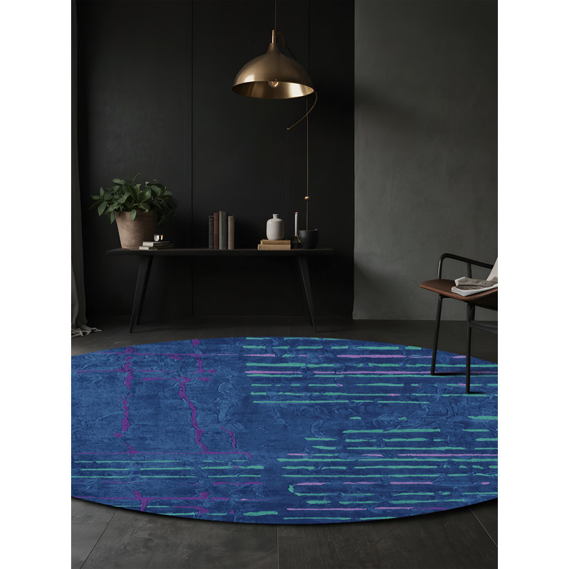 Tapis bleu soyeux et moelleux, Rond 3 pi