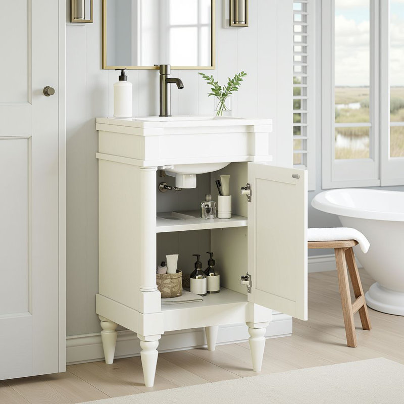18-Inch Modern Freestanding Small Bathroom Vanity With Ceramic Sink, Storage Cabinet With Adjustable Shelf, White