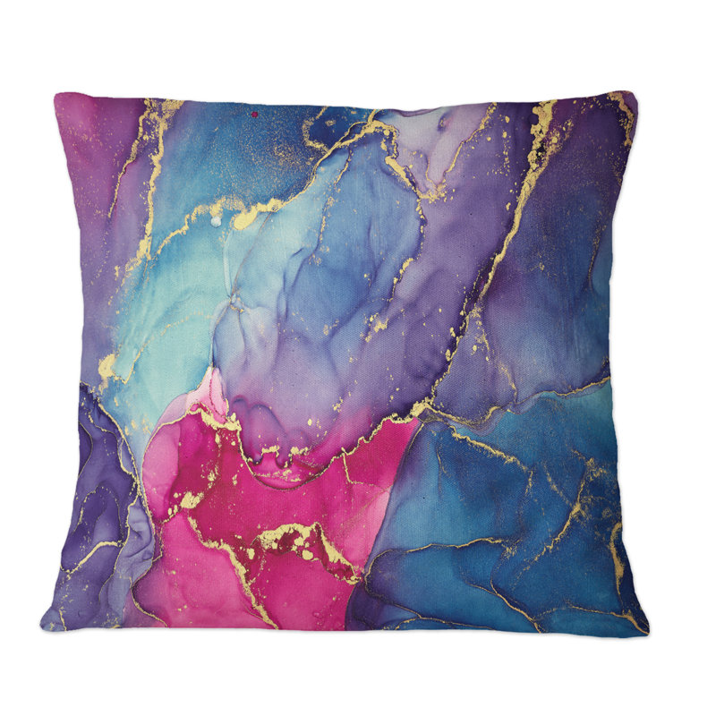 Bleu et rose, luxe, art abstrait fluide - coussin décoratif moderne, 16 po x 16 po