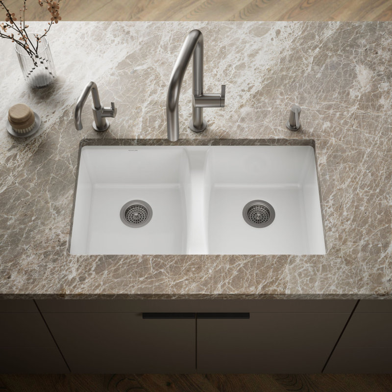 Deerfield 33" L x 22" W Double Basin Drop-In Kitchen Sink with Accessories, White, 5 Hole