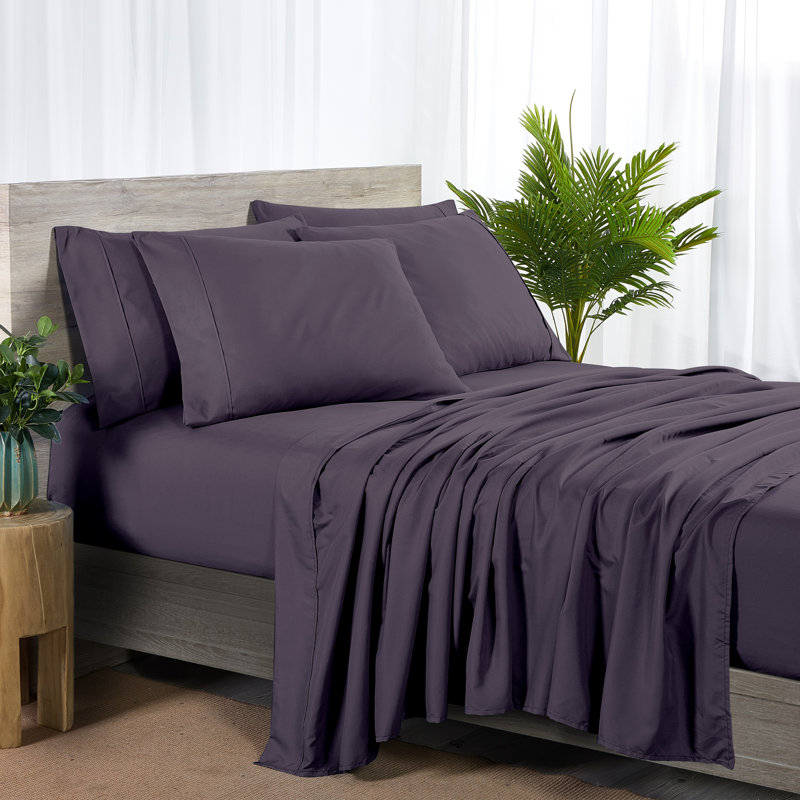 Ensemble de draps en rayonne de bambou 6 pièces Bibb Home, Aubergine, Ensemble de draps pour grand lit avec 4 taies d'or