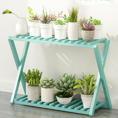 2-Tier Bamboo Foldable Plant Stand with Cross Design – Indoor/Outdoor Flower Pot Rack