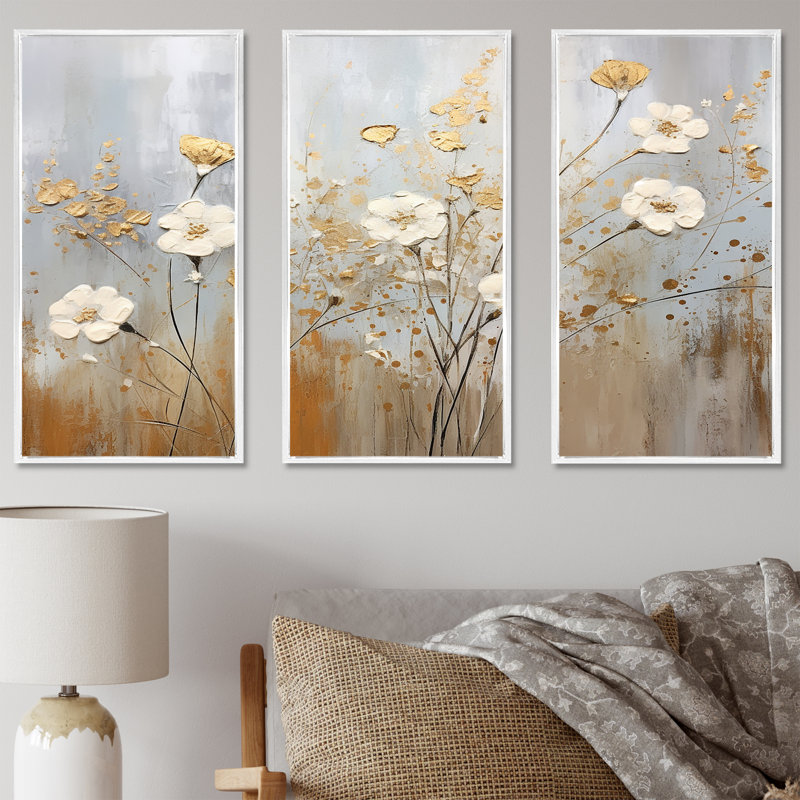 Fleurs sauvages beiges, élégance florale V - ensemble d'art mural sur toile fleurs sauvages, Cadre flottant blanc