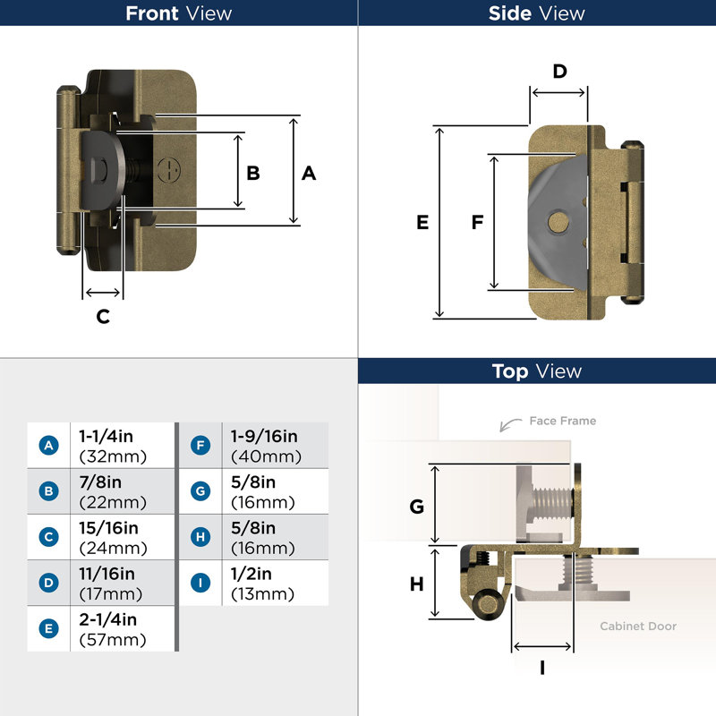 Charnière d'armoire double en laiton bruni superposé 1/2 pouce (13 mm) - 1 paire, Bronze brillant