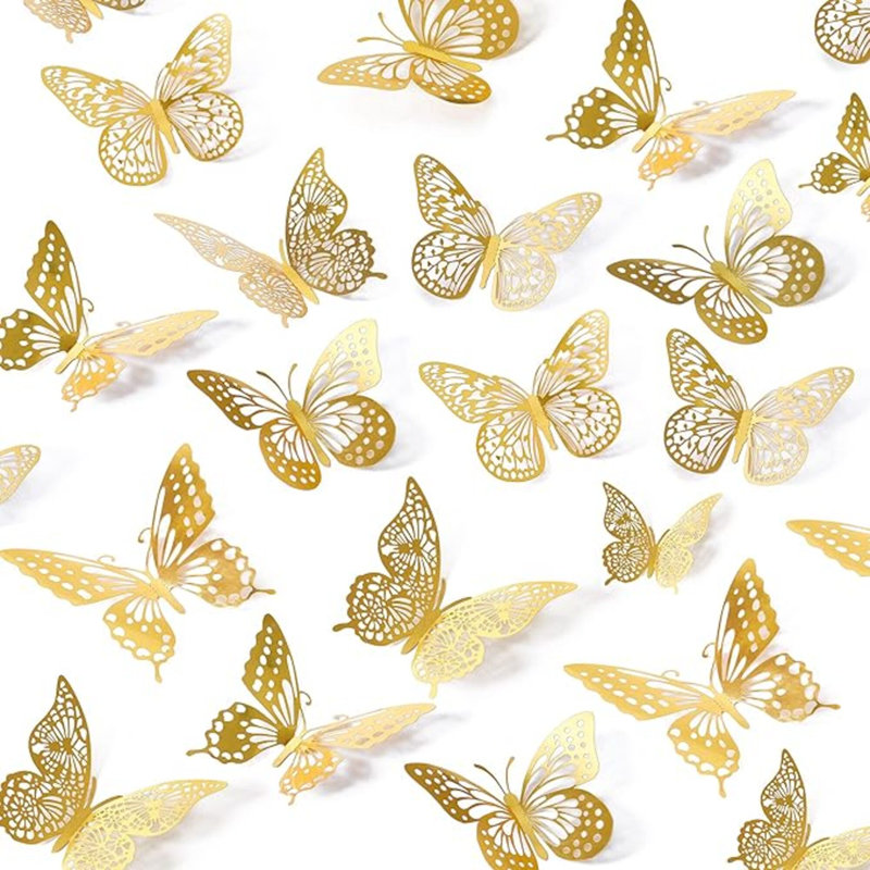 Décoration murale 3D papillon - 48 pièces, 4 styles, 3 tailles, décorations de papillons dorés pour les anniversaires et les fêtes, autocollants amovibles